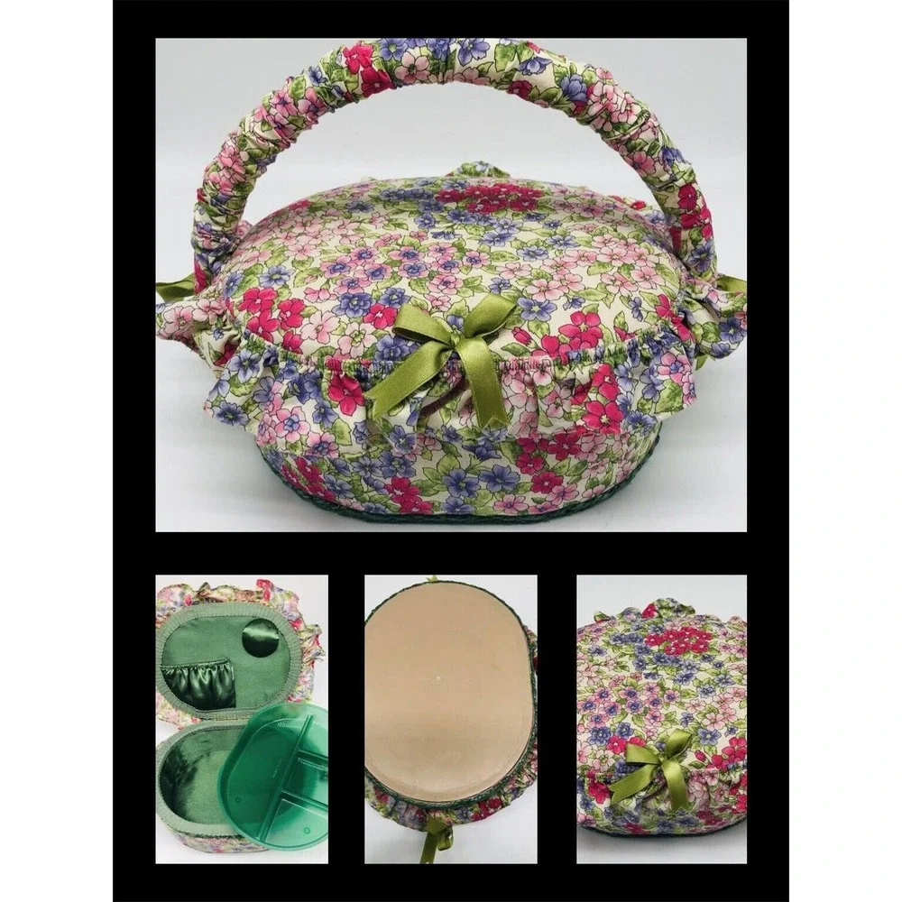 VINTAGE Sewing Basket Kit Jewelry Case Pink Floral Print Fabric Trinket Store A1